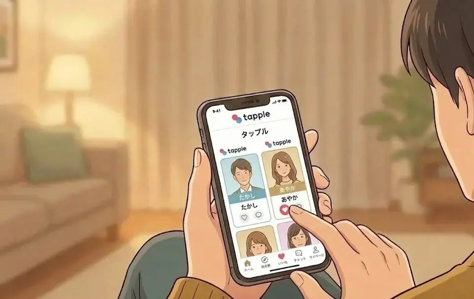 スマホでタップルを操作している手元のイラスト（AI生成イメージ）