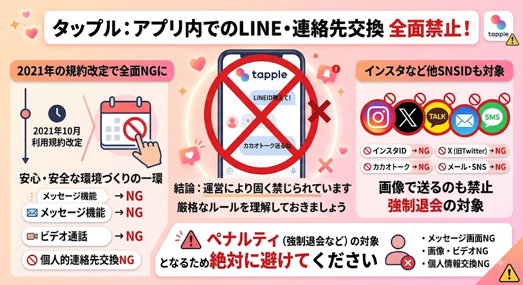 Tapple(タップル)アプリ内でのLINEや連絡先交換の全面禁止ルールを解説したインフォグラフィック(AI生成イメージ)