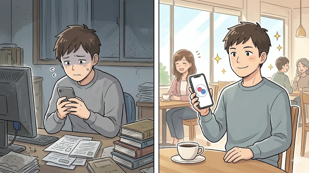 自信なさげに暗い部屋でスマホを見る男性が、タップルを始めてカフェで自信に満ちた表情になる2コマのイラスト（AI生成イメージ）
