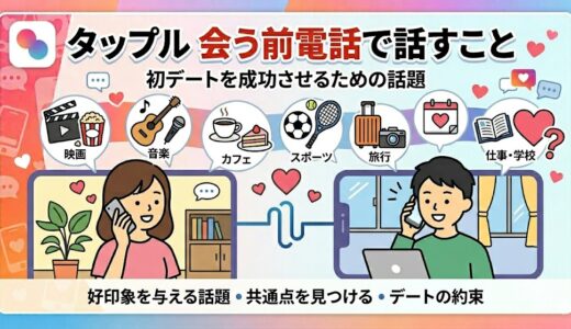 「タップル会う前電話で話すこと」というタイトルの記事アイキャッチ。スマホで楽しそうに通話する男女と、映画やカフェなど会話の話題を表すアイコンのイラスト（AI生成イメージ）