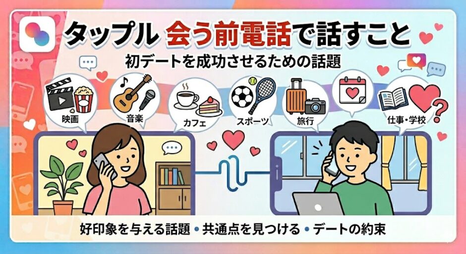 「タップル会う前電話で話すこと」というタイトルの記事アイキャッチ。スマホで楽しそうに通話する男女と、映画やカフェなど会話の話題を表すアイコンのイラスト（AI生成イメージ）