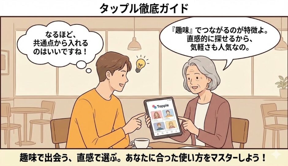 「タップル徹底ガイド」という見出しと共に、相談員の女性が若い男性にタブレットでアプリ画面を見せ、「趣味でつながる」という特徴を説明しているイラスト【マッチングアプリ使い方ガイド】（AI生成イメージ）