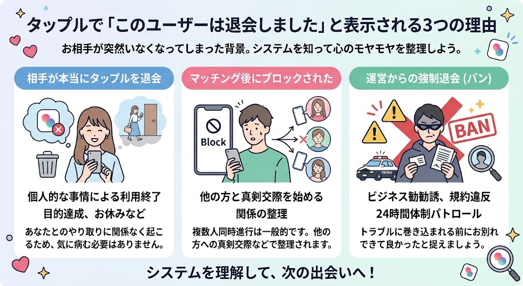 タップル「退会しました」表示の3つの理由。相手の退会、ブロック、強制退会を解説。(AI生成イメージ)