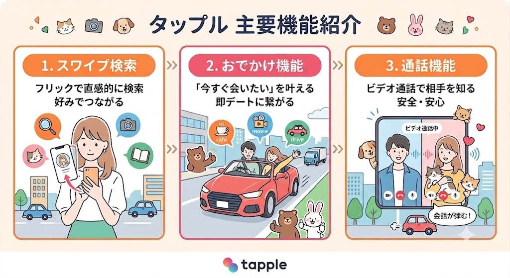 マッチングアプリ「タップル」の主要機能紹介インフォグラフィック。可愛らしいイラストで、1. スワイプ検索、2. おおでかけ機能、3. 通話機能の3つの特徴を解説している。(AI生成イメージ)