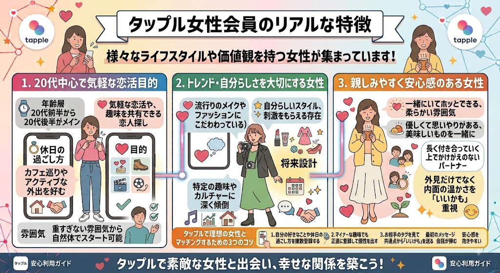 タップル女性会員の特徴を解説するインフォグラフィック（AI生成イメージ）