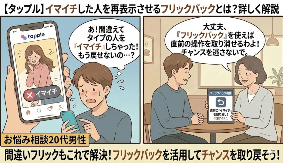 タップルで間違えて「イマイチ」した相手を再表示させる「フリックバック」機能を解説したマンガ風アイキャッチ。操作ミスに焦る20代男性と、機能の使い方を優しく解説するガイド役が描かれています。（AI生成イメージ）