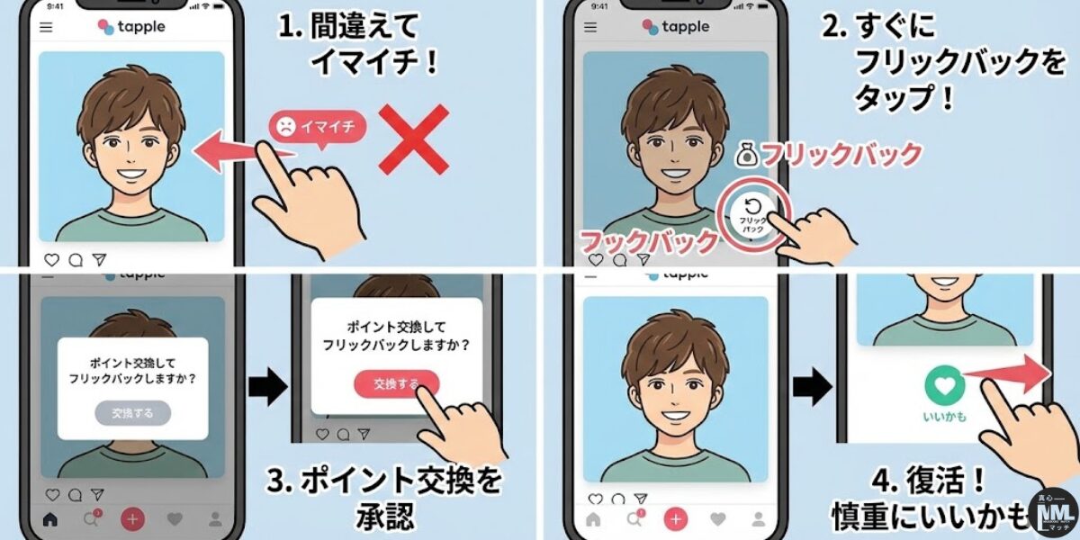 タップルのフリックバックの使い方を説明した図解