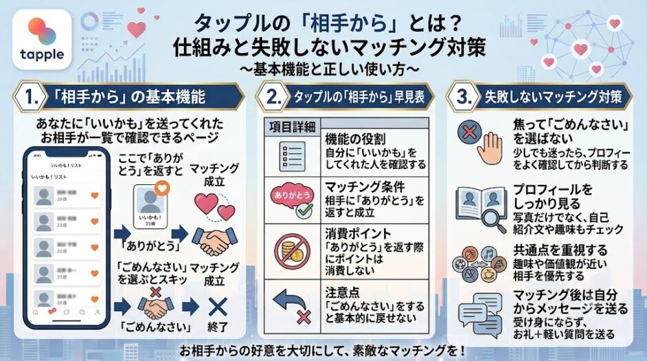 タップルの「相手から」画面の仕組みと、失敗しない活用法・マッチング対策をまとめたインフォグラフィック（AI生成イメージ）