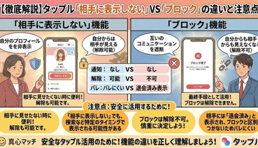タップルの「相手に表示しない」機能と「ブロック」機能の違い（通知や解除の可否）や注意点を分かりやすく比較した図解（AI生成イメージ）