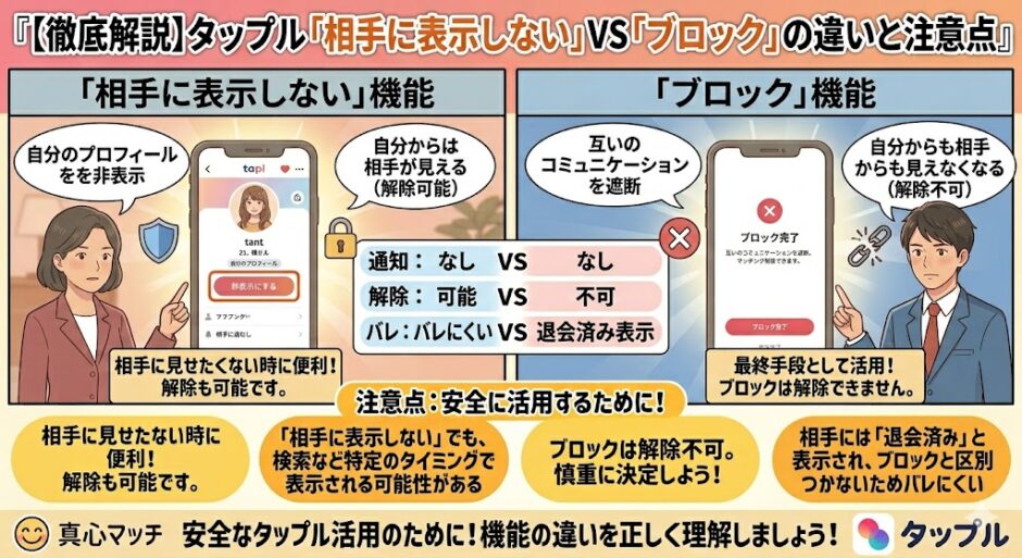 タップルの「相手に表示しない」機能と「ブロック」機能の違い（通知や解除の可否）や注意点を分かりやすく比較した図解（AI生成イメージ）