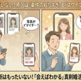 「タップルに人がいない？原因は『条件の絞りすぎ』と『スワイプの早すぎ』です」というタイトルの2コマ漫画。左側ではなかなかマッチングせず悩む男性、右側では写真や条件だけで即決せず、視野を広げて会ってみるようアドバイスされ、納得する男女の様子が描かれている。（AI生成イメージ）