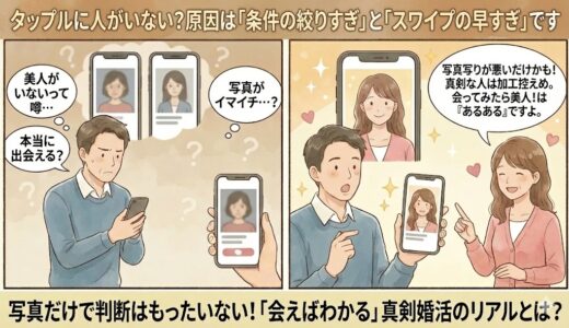 「タップルに人がいない？原因は『条件の絞りすぎ』と『スワイプの早すぎ』です」というタイトルの2コマ漫画。左側ではなかなかマッチングせず悩む男性、右側では写真や条件だけで即決せず、視野を広げて会ってみるようアドバイスされ、納得する男女の様子が描かれている。（AI生成イメージ）