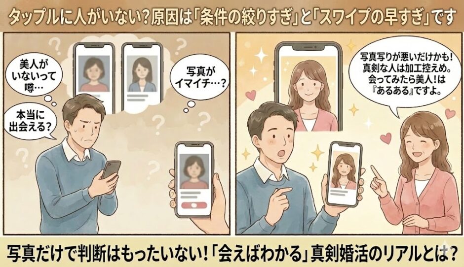 「タップルに人がいない？原因は『条件の絞りすぎ』と『スワイプの早すぎ』です」というタイトルの2コマ漫画。左側ではなかなかマッチングせず悩む男性、右側では写真や条件だけで即決せず、視野を広げて会ってみるようアドバイスされ、納得する男女の様子が描かれている。（AI生成イメージ）