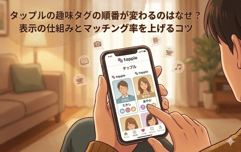 タップルの趣味タグの仕組みとマッチング率アップのコツを解説するアイキャッチ画像（AI生成イメージ）