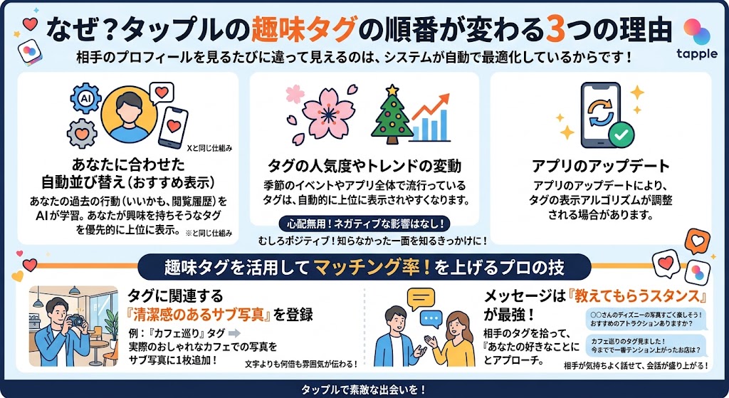 マッチングアプリ「タップル（Tapple）」の趣味タグの順番が変わる3つの理由を説明した図解（AI生成イメージ）