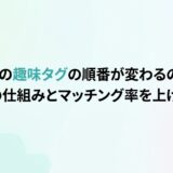 案1（完全書き起こし＋コンテキスト・最も推奨）：マッチングアプリ「タップル」の趣味タグの順番が変わる仕組みと、マッチング率を上げるコツを解説するアイキャッチ画像（AI生成イメージ）