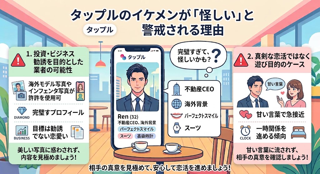 タップルでイケメンが「怪しい」と警戒される理由を、投資勧誘などの業者と遊び目的の2パターンで解説するインフォグラフィック（AI生成イメージ）
