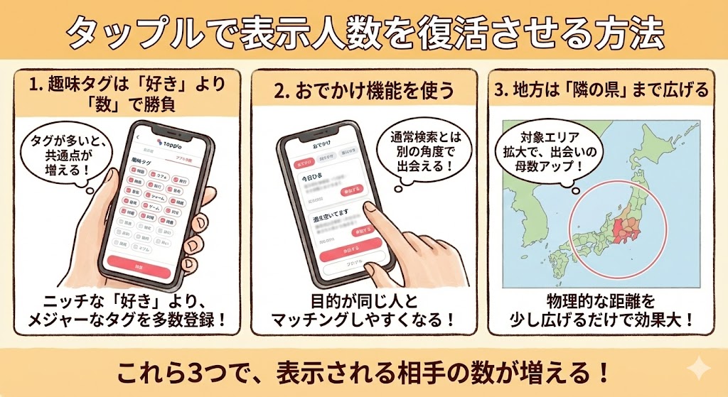 「タップルで表示人数を復活させる方法」と題された3つの解決策の図解イラスト。1つ目は「趣味タグは『好き』より『数』で勝負」としてタグを多めに登録すること、2つ目は「おでかけ機能を使う」こと、3つ目は「地方は『隣の県』まで広げる」として検索エリアを拡大する地図が描かれており、これらによって出会いの母数を増やす方法を解説している。(AI生成イメージ)