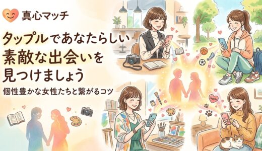 真心マッチのロゴと「タップルであなたらしい素敵な出会いを見つけましょう」「個性豊かな女性たちと繋がるコツ」の文字。読書、スポーツ、アート、ペットなどそれぞれの趣味を楽しむ笑顔の女性たちが、スマートフォンを通じて素敵な出会い（手をつなぐ男女のシルエット）に繋がっていく温かみのあるイラスト（AI生成イメージ）