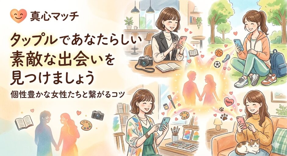 真心マッチのロゴと「タップルであなたらしい素敵な出会いを見つけましょう」「個性豊かな女性たちと繋がるコツ」の文字。読書、スポーツ、アート、ペットなどそれぞれの趣味を楽しむ笑顔の女性たちが、スマートフォンを通じて素敵な出会い（手をつなぐ男女のシルエット）に繋がっていく温かみのあるイラスト（AI生成イメージ）
