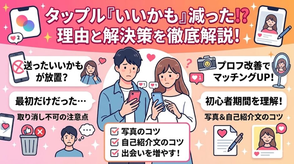 タップルで「いいかも」が減った理由と、プロフィール改善などの解決策をまとめたアイキャッチ画像（AI生成イメージ）