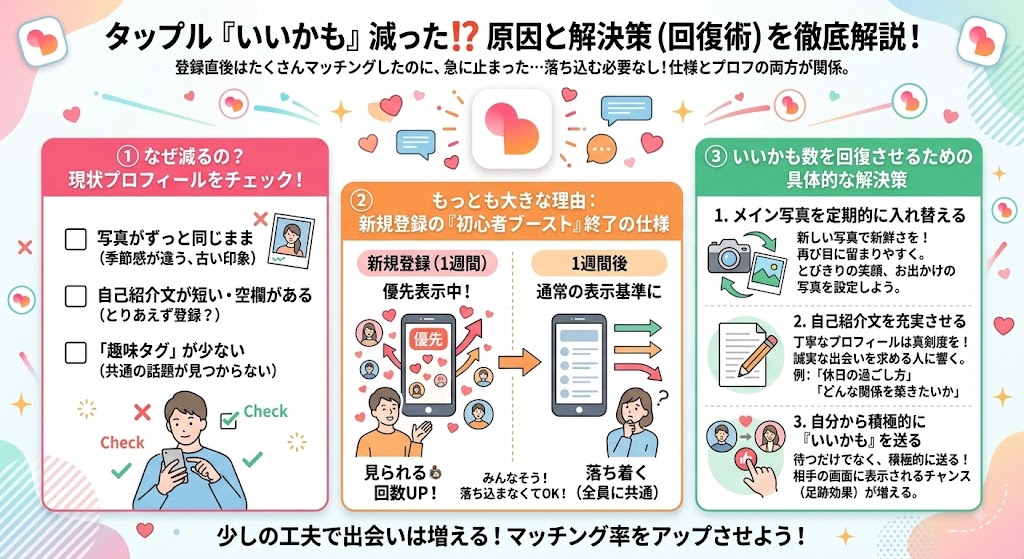 マッチングアプリ『タップル』で登録後に『いいかも』が急激に減る原因と、具体的な解決策を解説するインフォグラフィック(AI生成イメージ)