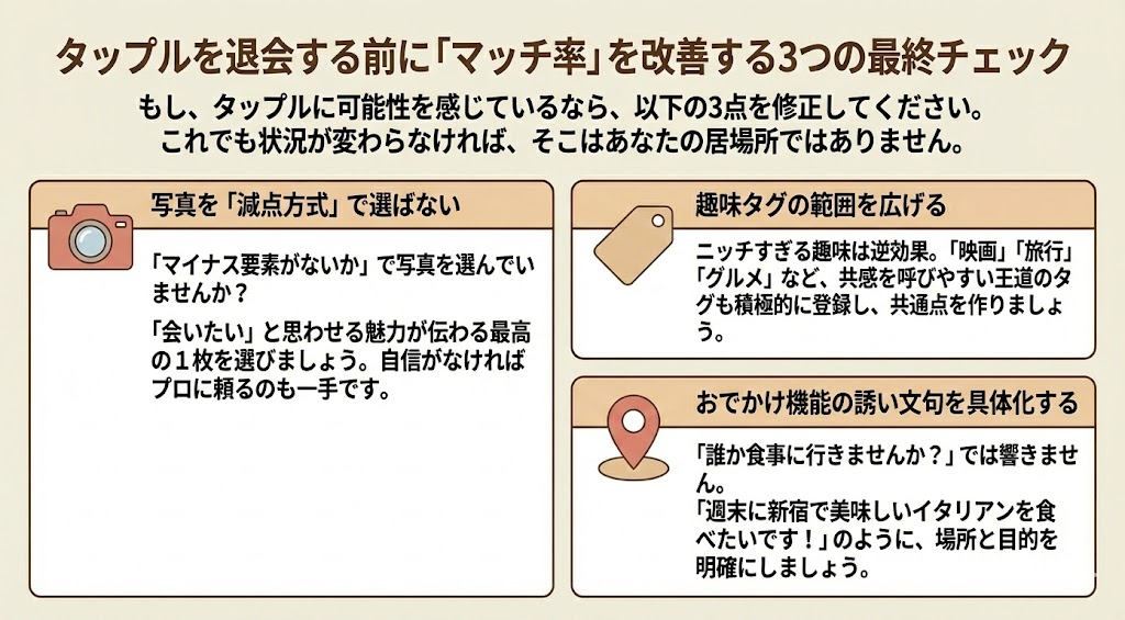 タップルを退会する前に試すべきマッチ率改善の3つの最終チェックリスト。写真選び、趣味タグの範囲、おでかけ機能の誘い文句を見直してマッチング数を増やす方法を図解。