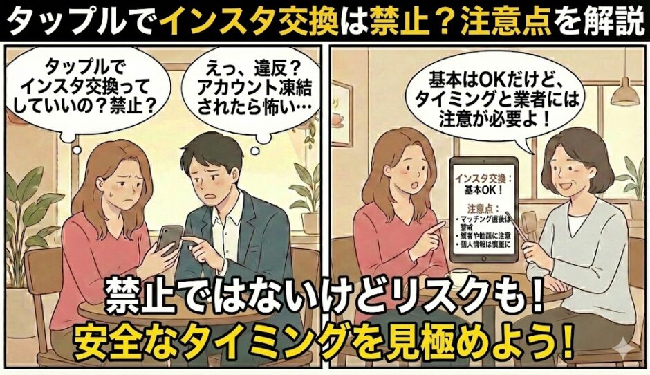 タップルでのインスタ交換の可否と注意点を解説したマンガ風アイキャッチ。交換を迷う男女と、安全なタイミングやリスクをアドバイスするガイド役が描かれています。（AI生成イメージ）