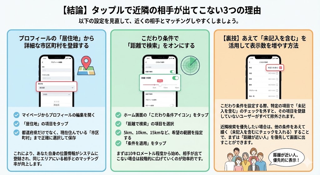 タップルで近隣の相手が出てこない理由を説明した図解
