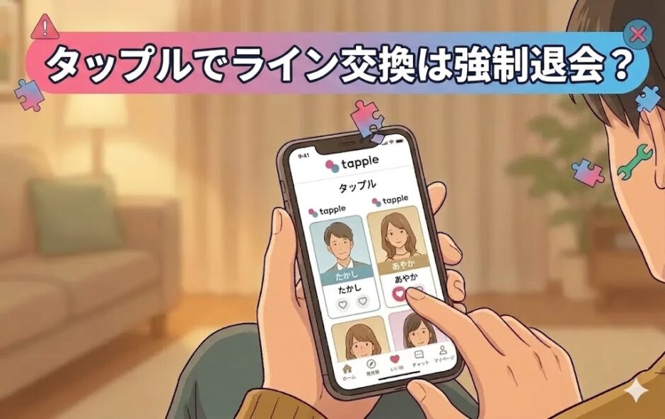 タップルでLINE（ライン）交換をすると強制退会になるのか解説するアイキャッチ画像（AI生成イメージ）