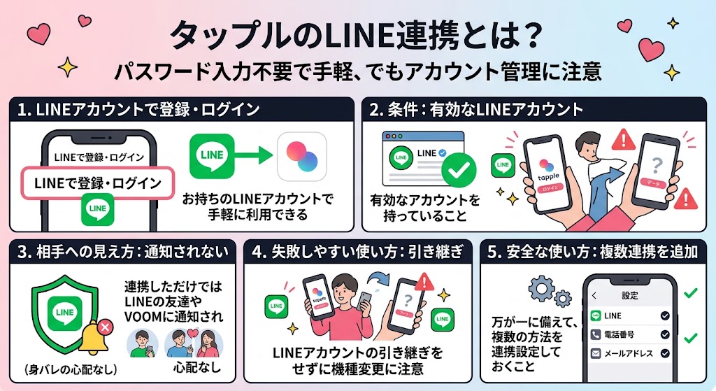 タップルLINE連携の登録・ログイン、相手への通知、引き継ぎリスク、複数連携追加の総合解説画像(AI生成イメージ)