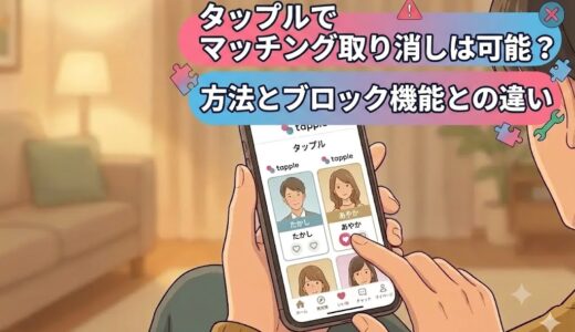タップルのマッチング取り消しについて調べている男性のイラスト（AI生成イメージ）