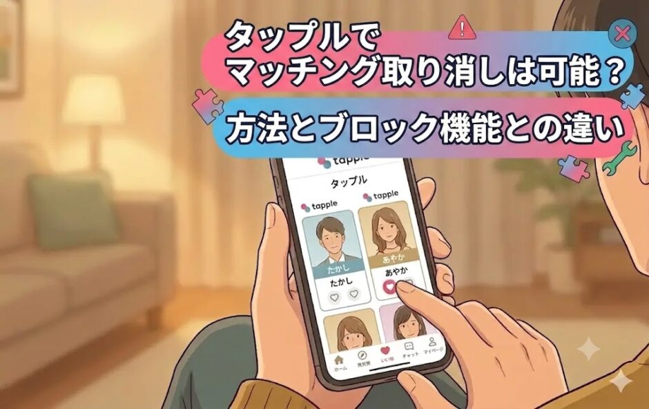 タップルのマッチング取り消しについて調べている男性のイラスト（AI生成イメージ）