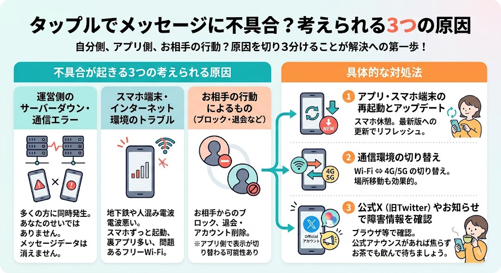 タップルでメッセージの不具合について原因や対処法を説明したイラスト（AI生成イメージ）