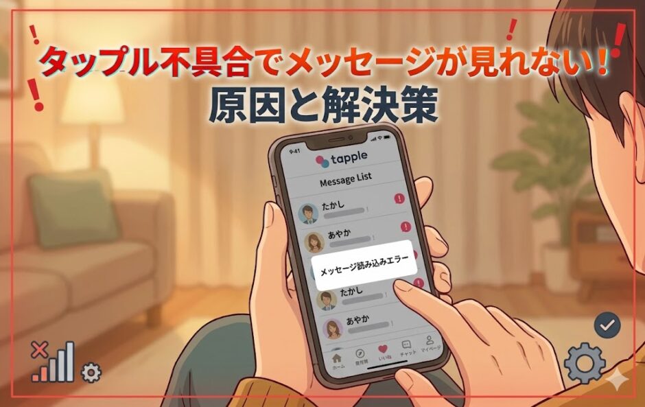 タップルでメッセージが見れない不具合に悩むスマホ画面のイラスト。「タップル不具合でメッセージが見れない！原因と解決策」のタイトル付き（AI生成イメージ）