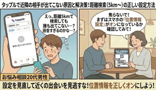 タップルで近隣の相手が出てこない原因と解決策！距離検索（5km〜）の正しい設定方法