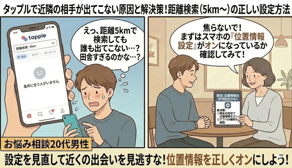 タップルで近隣の相手が表示されない原因と、距離検索（5km〜）の設定方法を解説したマンガ風アイキャッチ。検索結果ゼロに焦る20代男性と、スマホの位置情報設定を確認するよう助言するガイド役が描かれています。（AI生成イメージ）