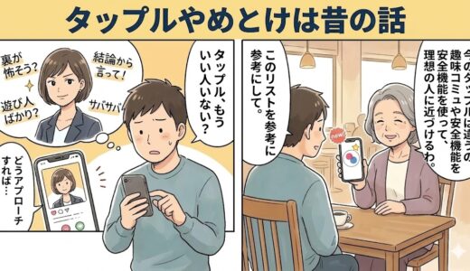 「タップルやめとけは昔の話」というタイトルのマンガ風イラスト（AI生成イメージ）