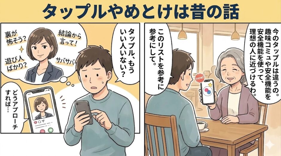 「タップルやめとけは昔の話」というタイトルのマンガ風イラスト（AI生成イメージ）