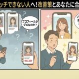 タップルでマッチできない人への改善策とおすすめの場所を婚活アドバイザーが男性に教えているイラスト（AI生成イメージ）