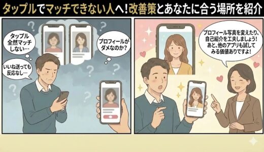 タップルでマッチできない人への改善策とおすすめの場所を婚活アドバイザーが男性に教えているイラスト（AI生成イメージ）