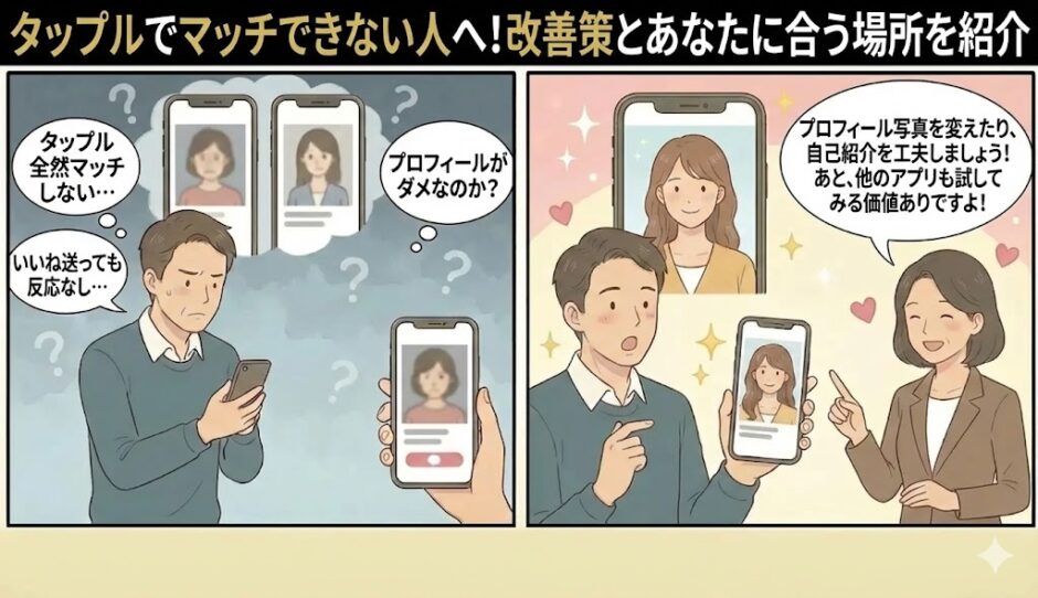 タップルでマッチできない人への改善策とおすすめの場所を婚活アドバイザーが男性に教えているイラスト（AI生成イメージ）