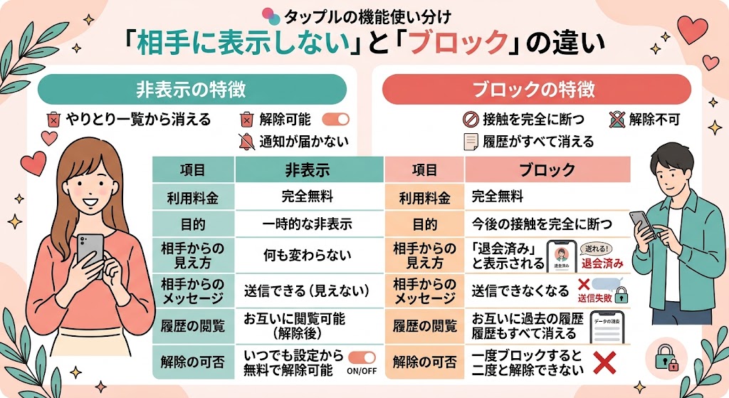 タップル「非表示」と「ブロック」機能比較(AI生成イメージ)