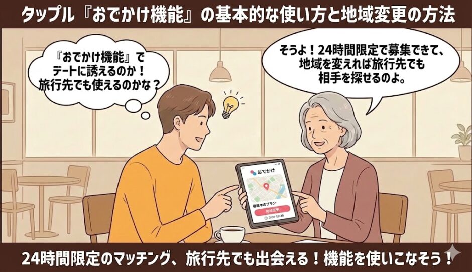 タップル「おでかけ機能」の基本的な使い方と地域変更の方法を解説するマンガ風アイキャッチ画像。カフェで男女がタブレットのマップ画面を見ながら、24時間限定で旅行先でも出会える機能について会話している様子が描かれています。（AI生成イメージ）