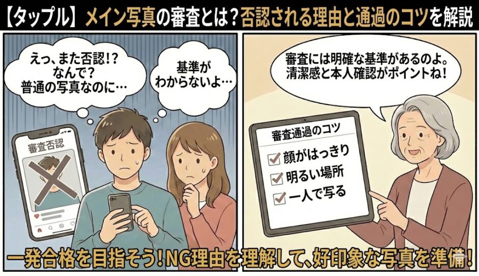 タップルのメイン写真審査で否認される理由と、一発で通過するためのコツを解説したマンガ風アイキャッチ（AI生成イメージ）