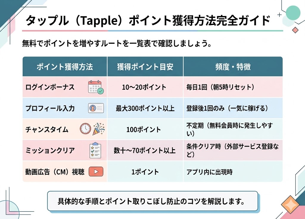 タップルでポイントを無料で増やす5つの方法の一覧表(AI生成イメージ)