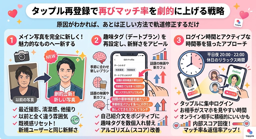 タップルの再登録ユーザー向けに、マッチ率を劇的に向上させるための3つの主要な戦略を解説するイラストインフォグラフィック（AI生成イメージ）