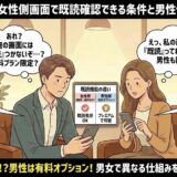 タップルの女性側画面で既読確認ができる条件と男性側との違いを解説したマンガ風アイキャッチ。男女がそれぞれのスマホ画面を見ながら、既読機能の仕組みや料金体系の違いについて戸めで考えている様子が描かれています。（AI生成イメージ）