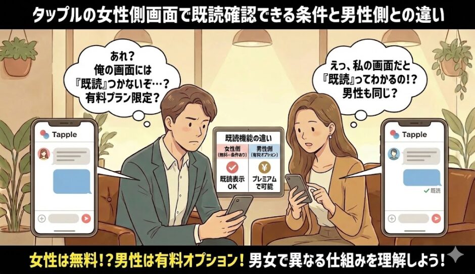 タップルの女性側画面で既読確認ができる条件と男性側との違いを解説したマンガ風アイキャッチ。男女がそれぞれのスマホ画面を見ながら、既読機能の仕組みや料金体系の違いについて戸めで考えている様子が描かれています。（AI生成イメージ）