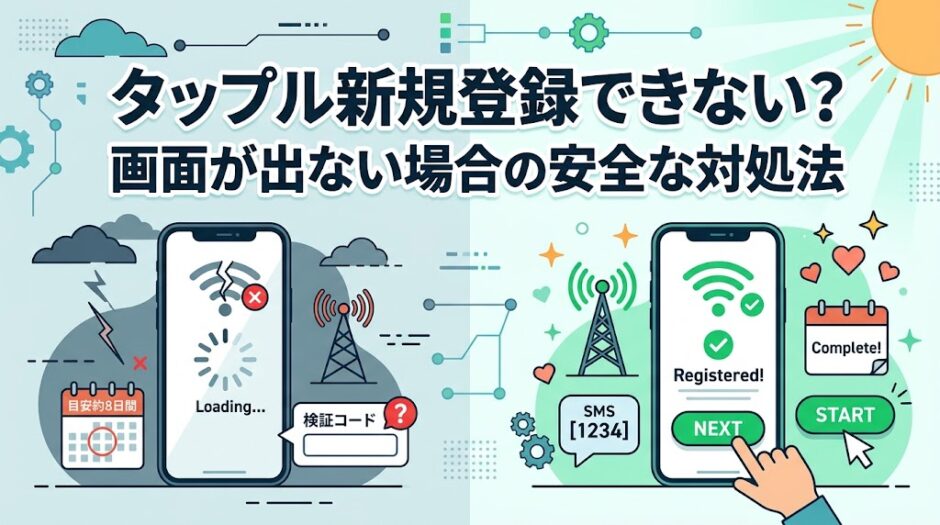 タップル新規登録トラブルと安全な対処法の比較図（AI生成イメージ）